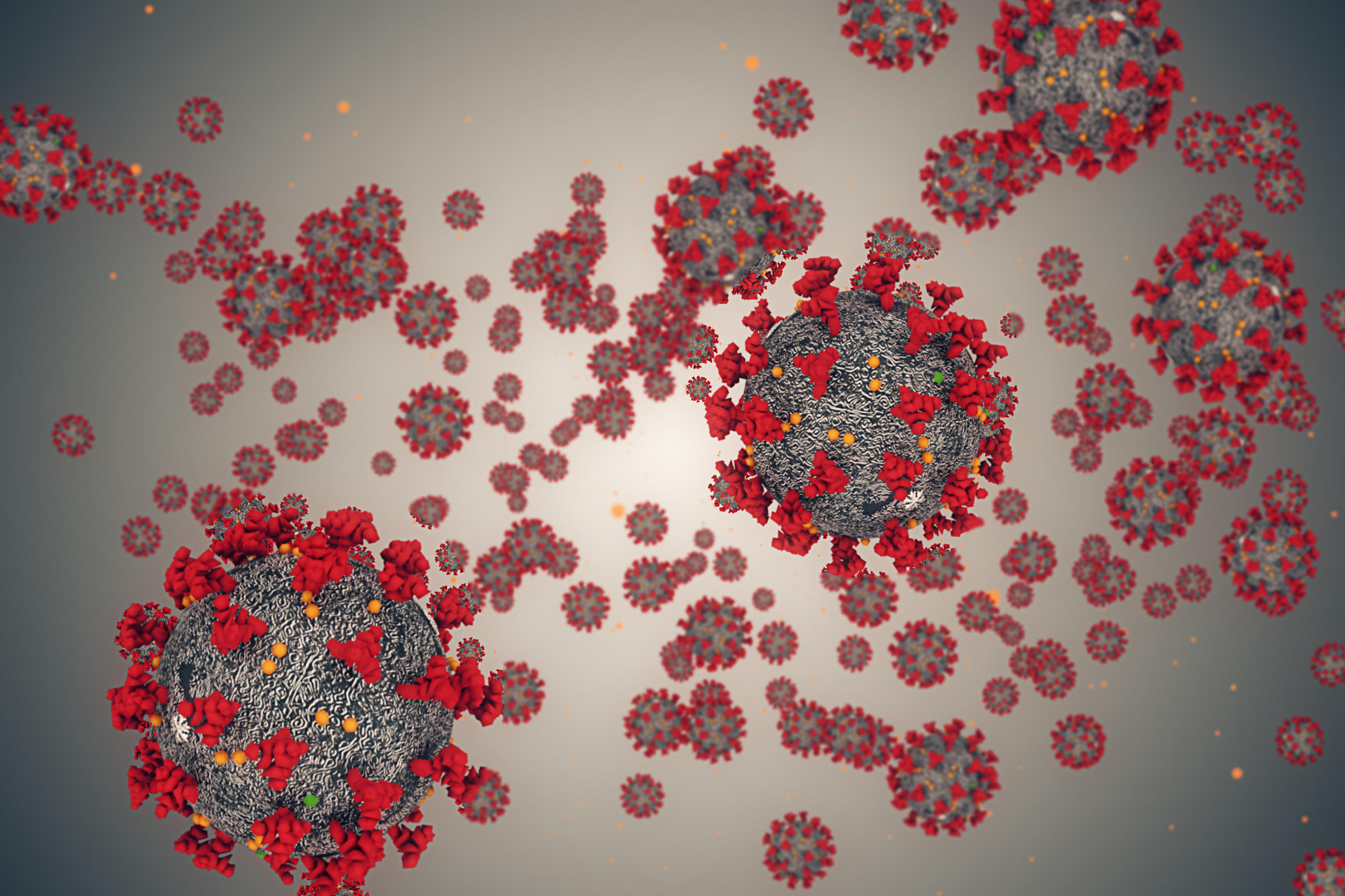 3d Rendering, Coronavirus Cells Covid 19 Influenza Flowing On Grey Gradient Background As Dangerous Flu Strain Cases As A Pandemic Medical Health Risk Concept Of Disease Cells Risk